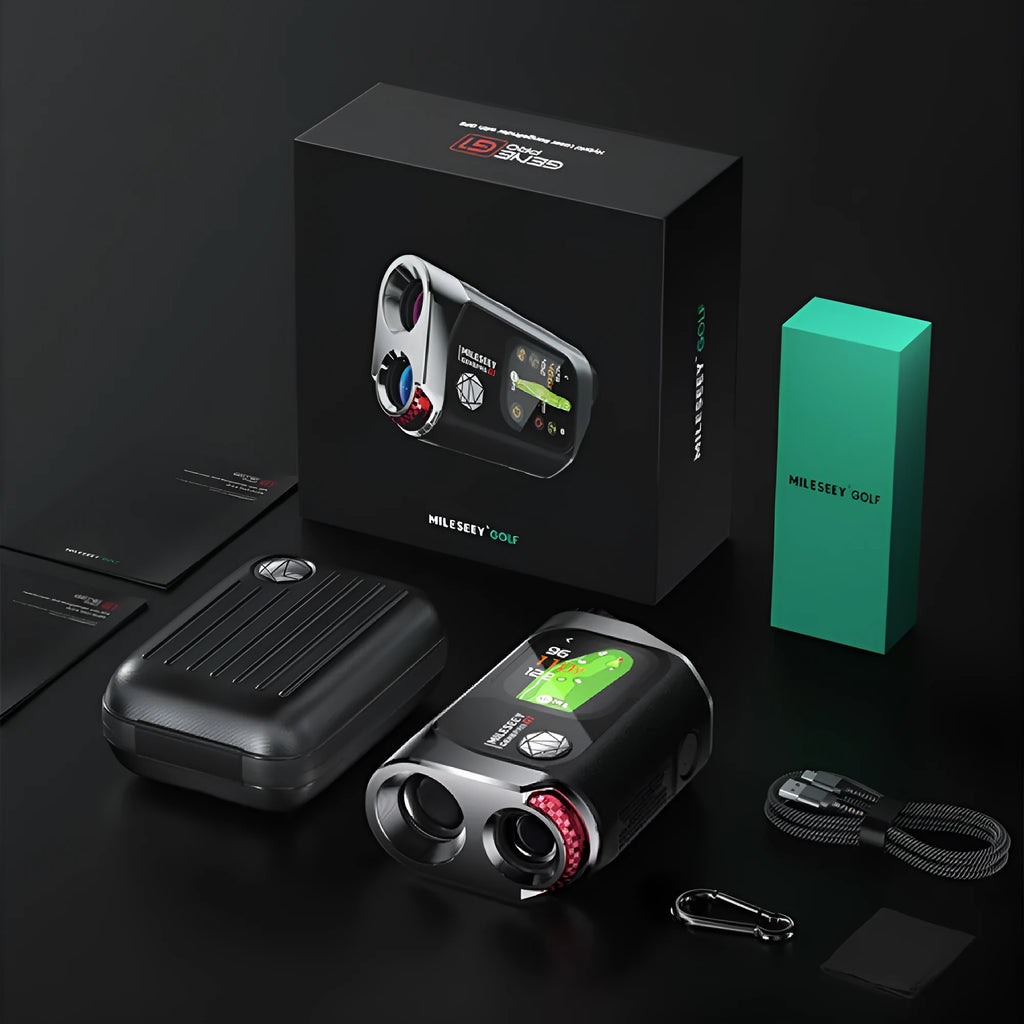 GenePro G1 black golf laser rangefinder with GPS shown on golf course.