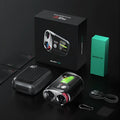 GenePro G1 black golf laser rangefinder with GPS shown on golf course.