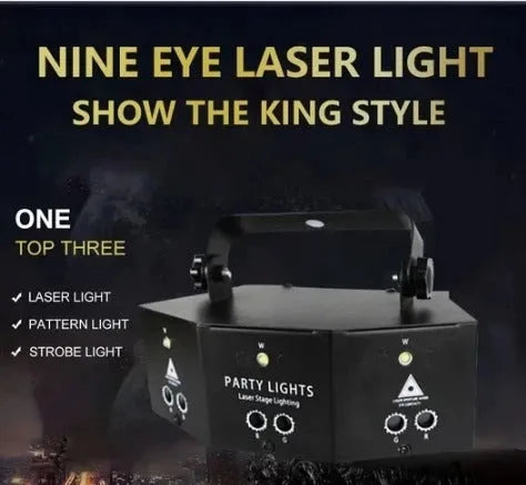 Nine eye laser strobe light unit with white light beads and red, green, blue laser projection.