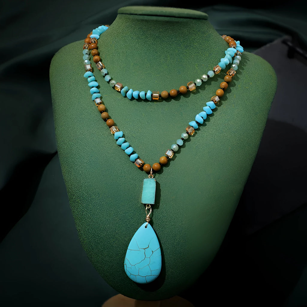 Turquoise blue water drop pendant necklace with mixed gem inlay on ball bead chain
