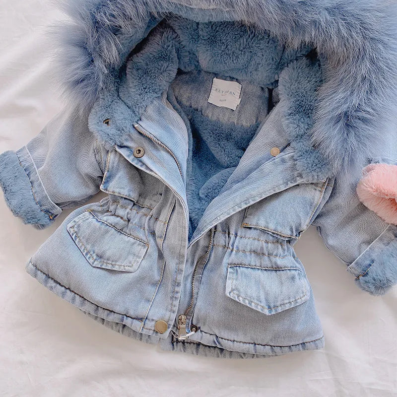 Blue denim coat for a young girl with a fleece lining and a non-removable hood.