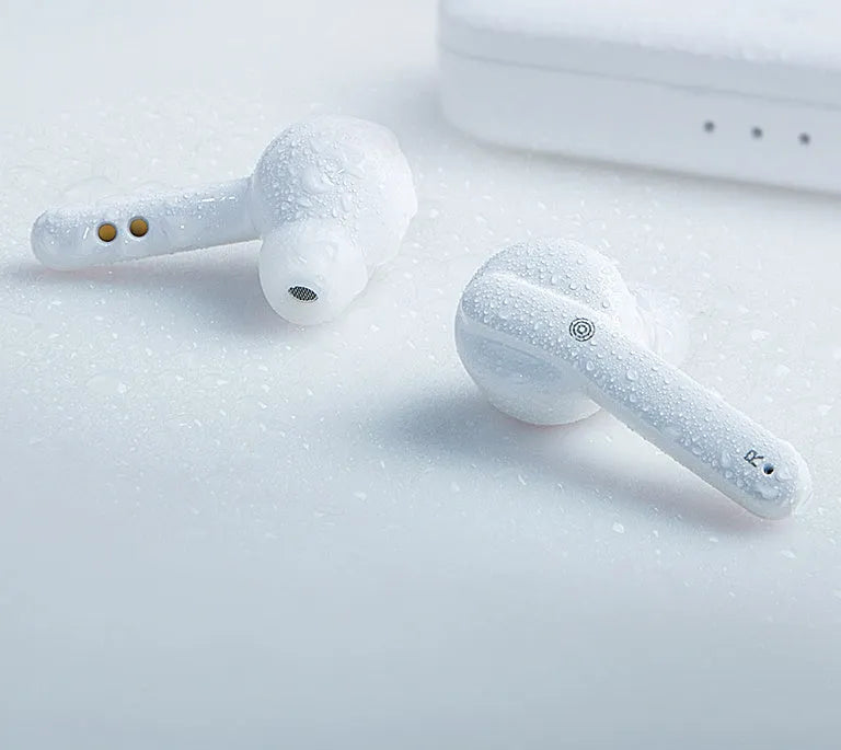 Black and white true wireless earbuds with charging case, showing discreet in-ear design for sports and daily use.