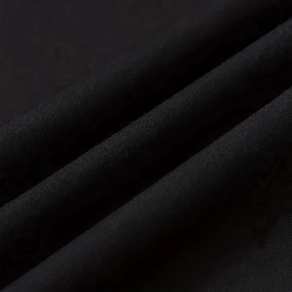 Men's loose pullover short-sleeved T-shirt in cotton, shown in black, apricot, navy blue, and dark gray