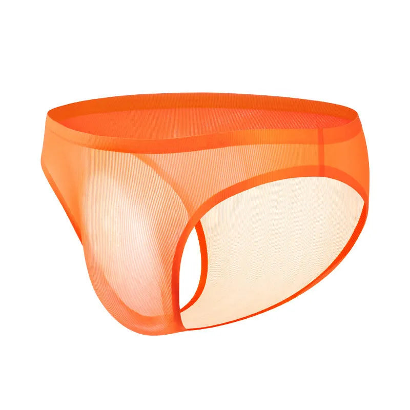 A pair of seamless ultra-thin ice silk women's briefs in a solid colour, laid flat to show the low-waist design.