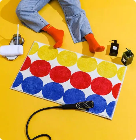 Absorbent plush polka dot geometric bathroom floor mat in Happy Slippers colour, machine woven, 40x60cm size