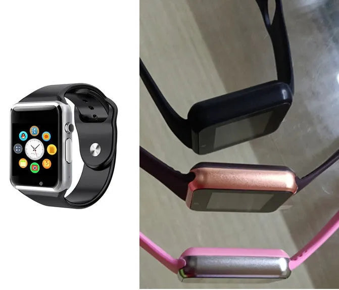 A1 Smart Watch in various colours featuring a 1.54-inch screen, GSM SIM slot, and camera.