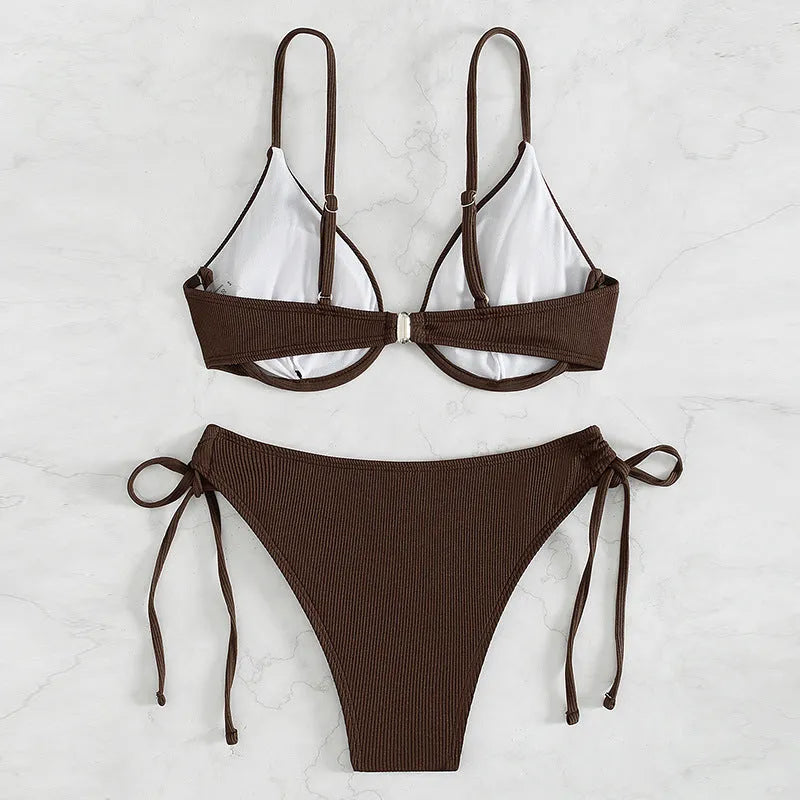 Two-piece underwire gather backless solid colour bikini for women