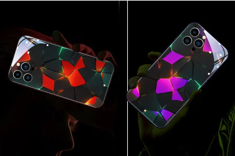 Xpress 14 iPhone case with flashing LED light and clear tempered glass back on a phone.