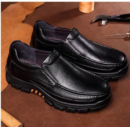 Men's black and brown cowhide leather business casual slip-on shoes with rubber sole