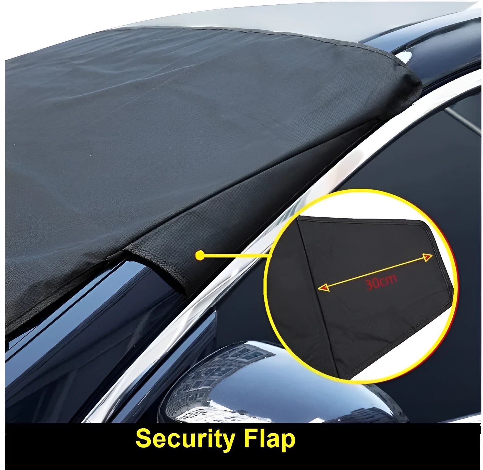 Windshield ice and snow gown in black rubber Oxford cloth placed over a car windscreen for frost and snow protection