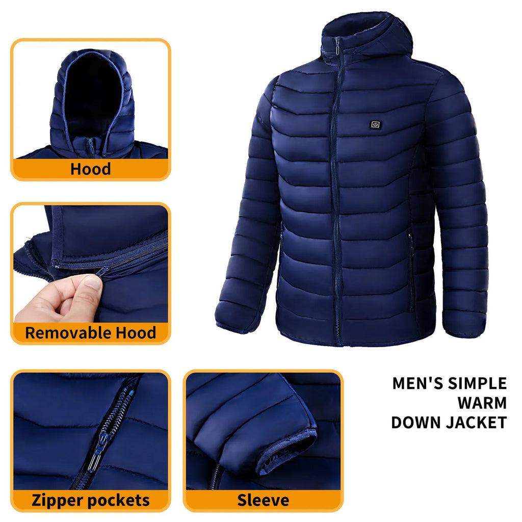 Men's heated puffer jacket in black with hood, electric heating for skiing, side view
