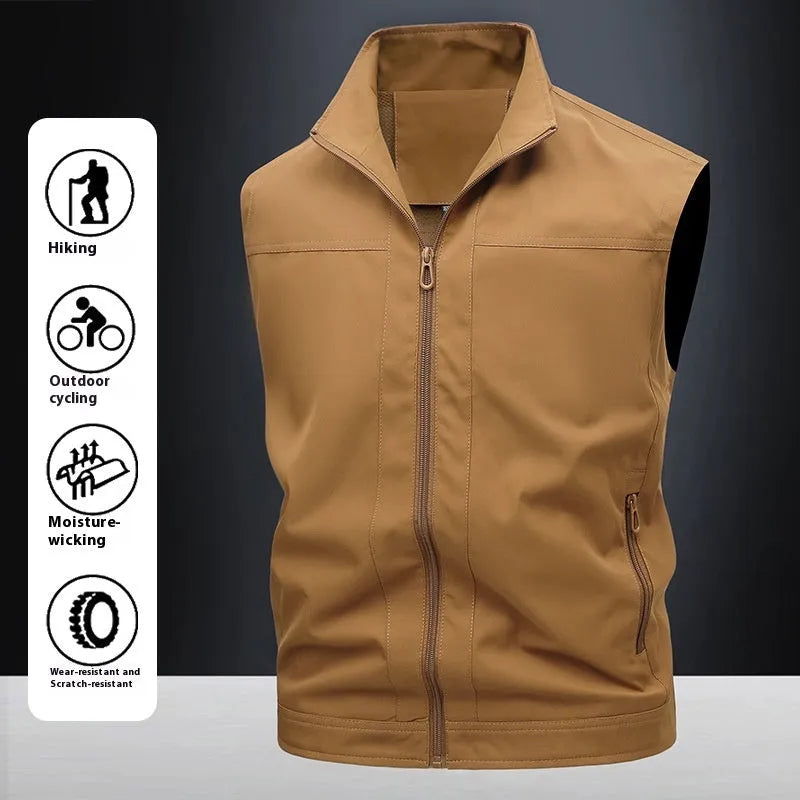 Men's casual polo shirt with stand-up collar in polyester blend fabric showing loose fit design