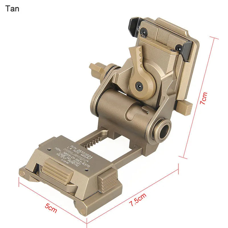 Metal alloy L4 G24 night vision helmet mount with breakaway base in dark earth colour.
