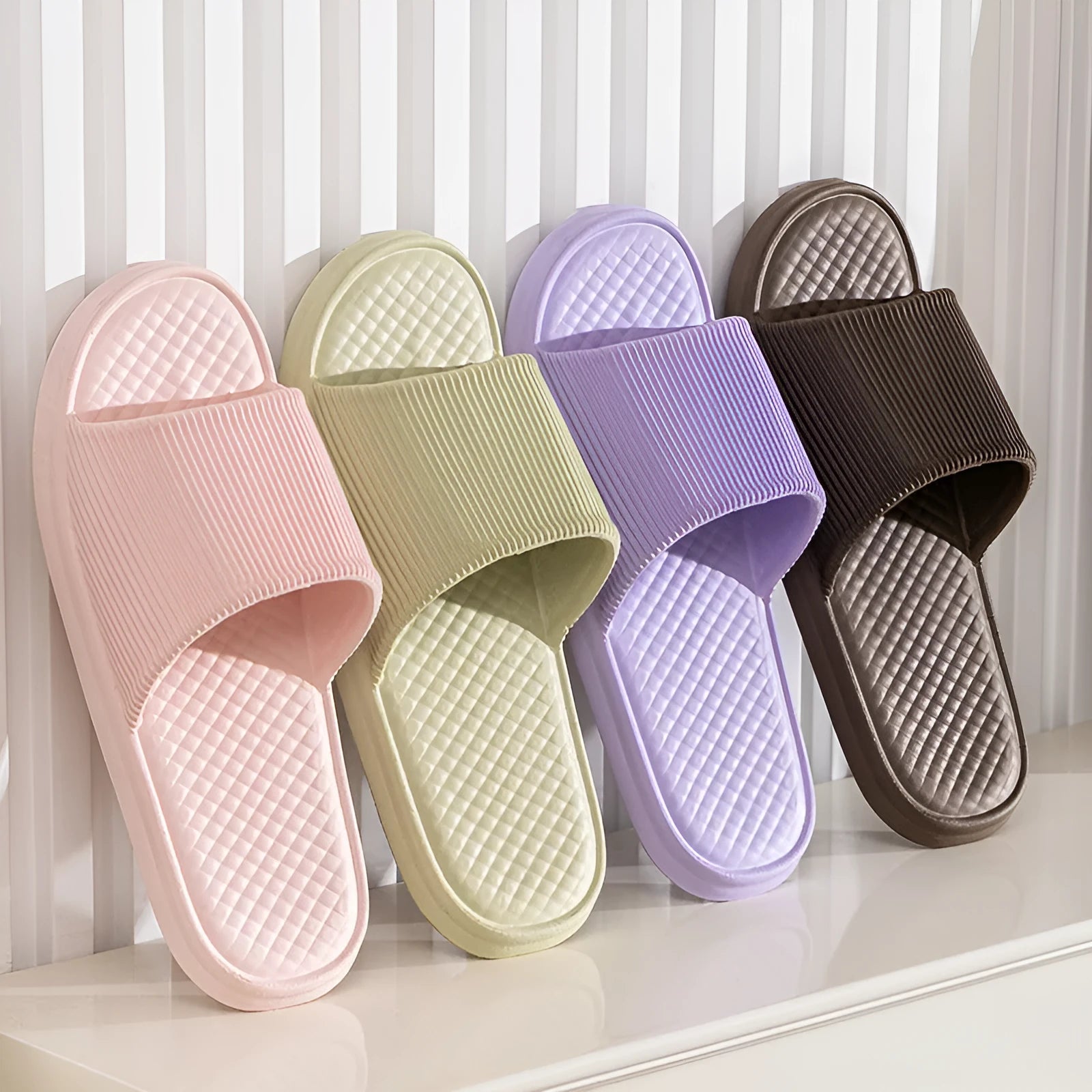 Unisex summer slippers with non-slip foam sole and rhombus-striped EVA upper in solid colour