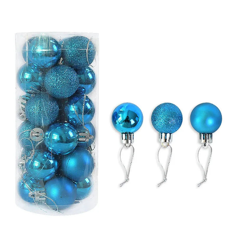 Assortment of shiny and matte 3cm plastic Christmas ball ornaments in ten different colours.