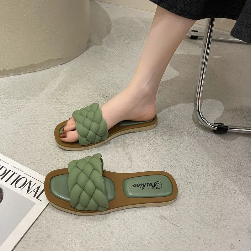 Women's plaid pattern beach sandals with thick anti-skid PVC sole in white, shown from the side.