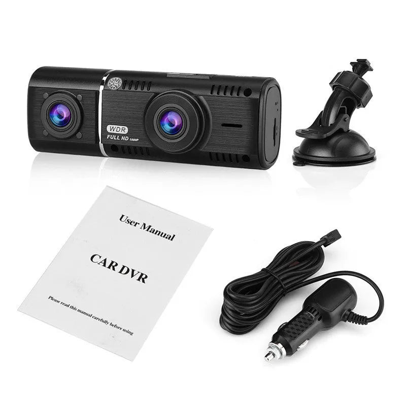 HD conjoined dual-lens car driving recorder in black with 170° wide angle, 12MP, windscreen mount
