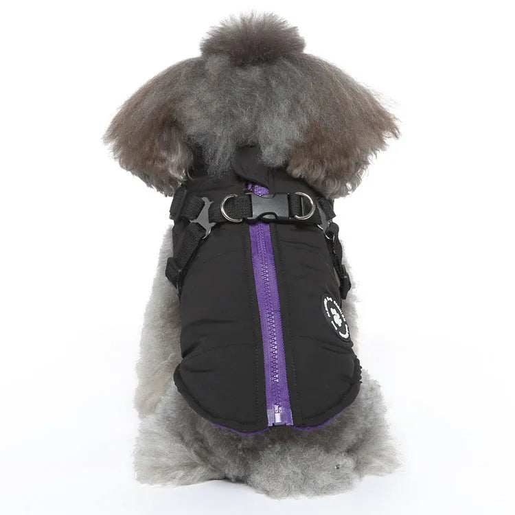 Chest strap padded dog jacket in polyester available in multiple sizes and colours