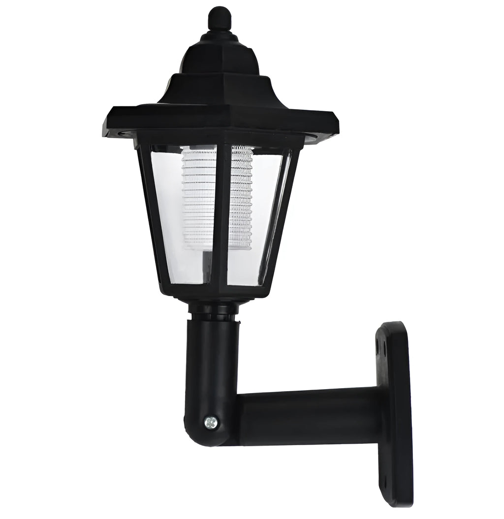 Black hexagonal solar wall light with IP44 waterproof rating for outdoor garden and pathway illumination