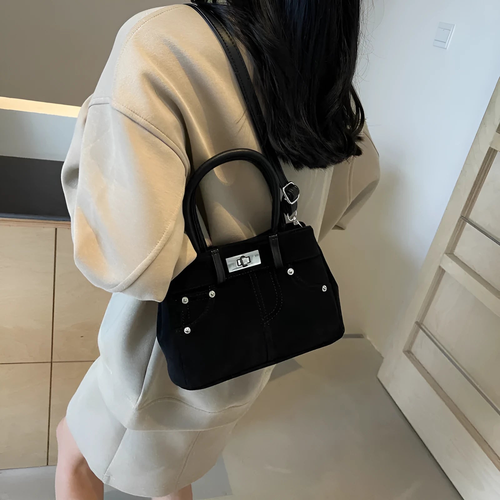 Women's retro PU leather messenger bag bucket shape with sewing thread detail single shoulder strap