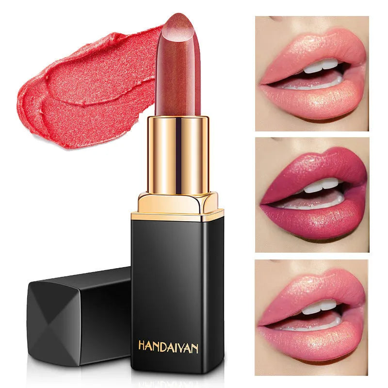 Pearlescent colour change temperature change lipstick in a tube with shimmering finish