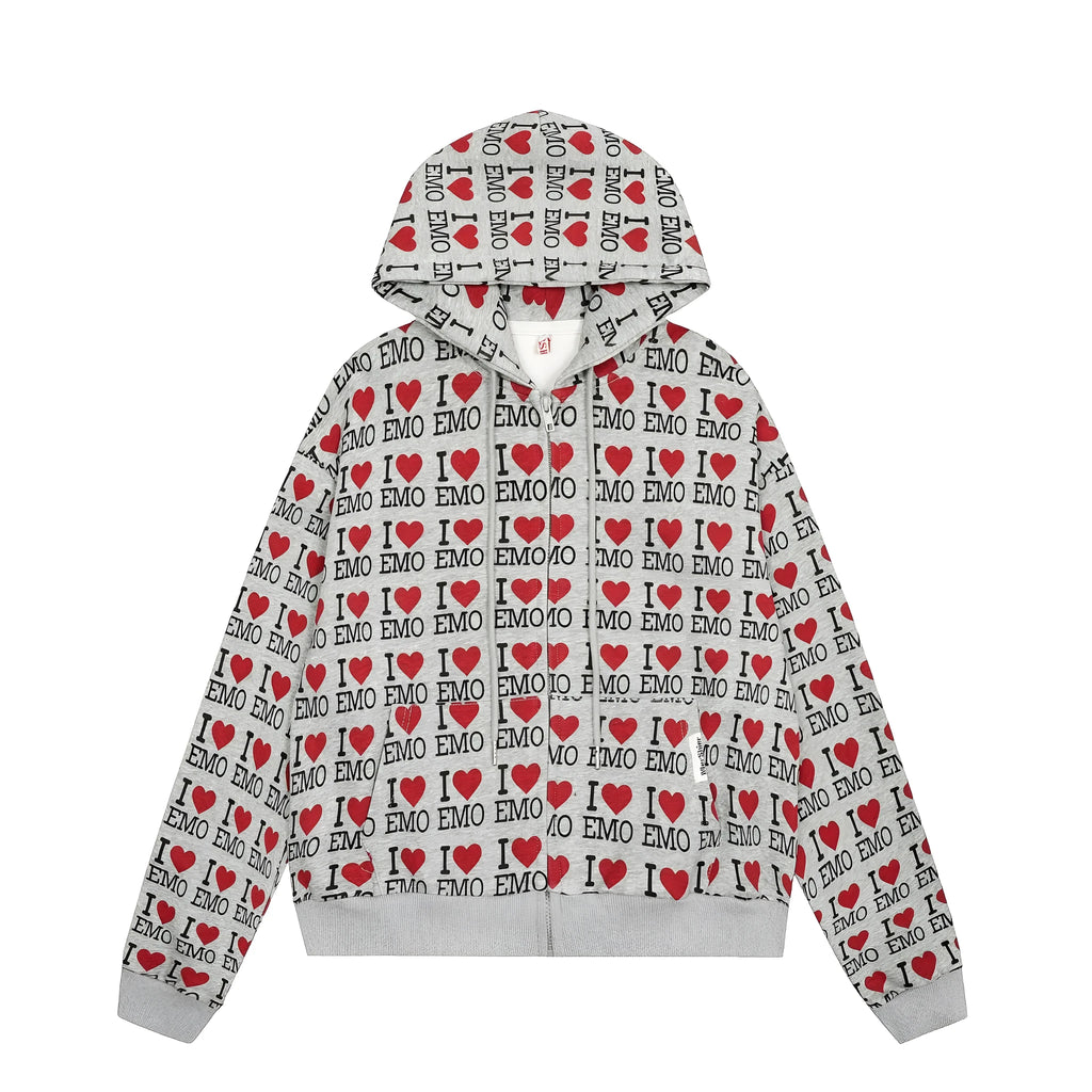 Women's melange grey cotton hooded cardigan with retro autumn pattern and long sleeves.