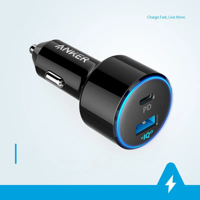 High-power fast charging car charger with dual USB ports, 63x35x35mm size, for 12-24V vehicles