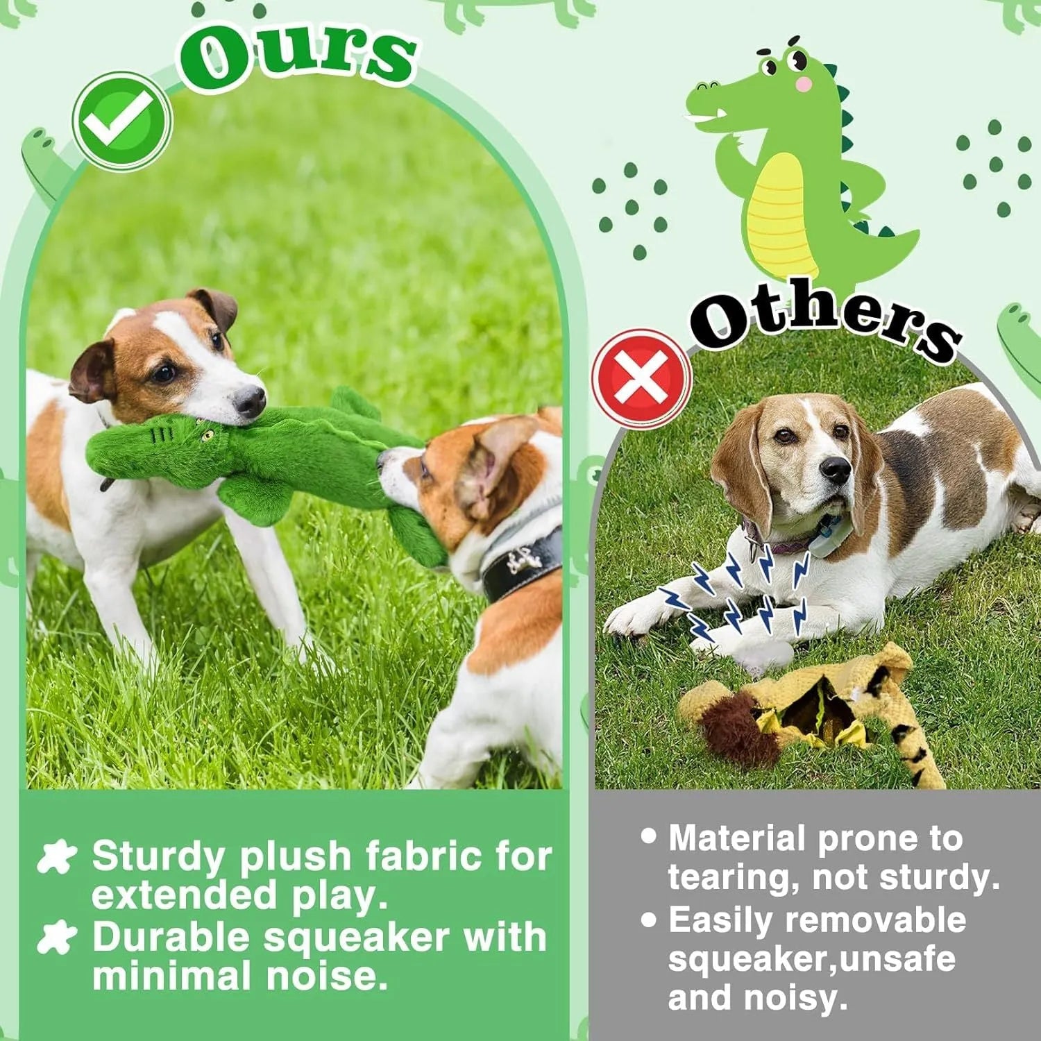 Green crocodile-shaped dog toy with squeaker in head and crinkle paper in tail
