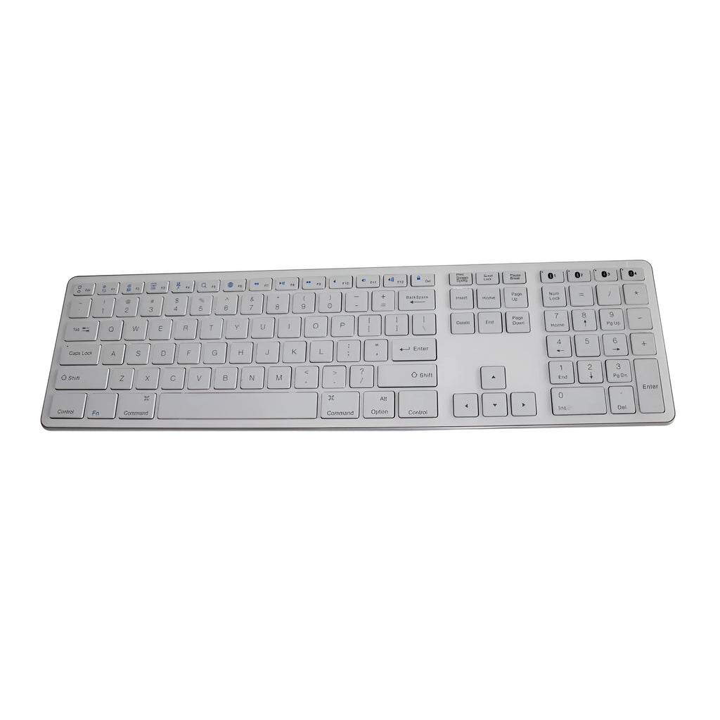 White 109-key wireless Bluetooth keyboard with three-key zone layout and ABS plastic build