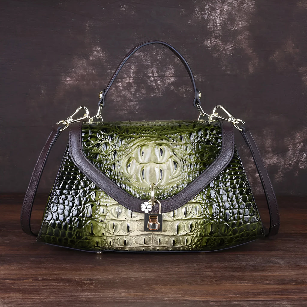 Retro coffee cowhide leather tote bag with two main pockets and zipper pocket, bottom length 31 cm