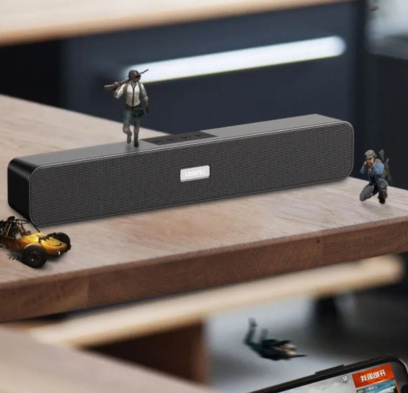 Black desktop long multimedia Bluetooth speaker with plastic shell and slim 380x55x55mm design