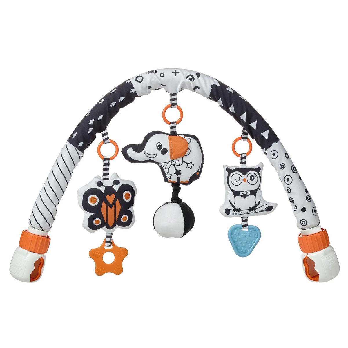 Baby lathe clip hanging plush toy in black and white, with pull vibration teether and BB call, attached to a cot side