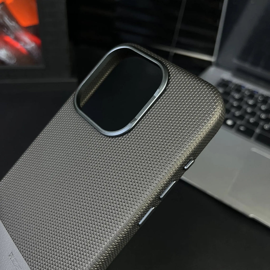 Magnetic iPhone case with dragon scale texture and leather stitching in black colour