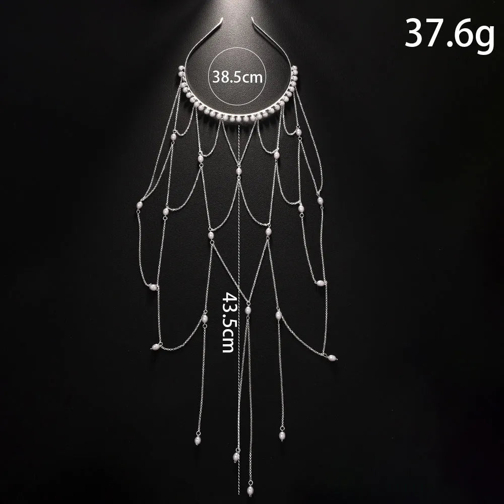 Gold and silver mesh tassel hair chain with pearl construction for women