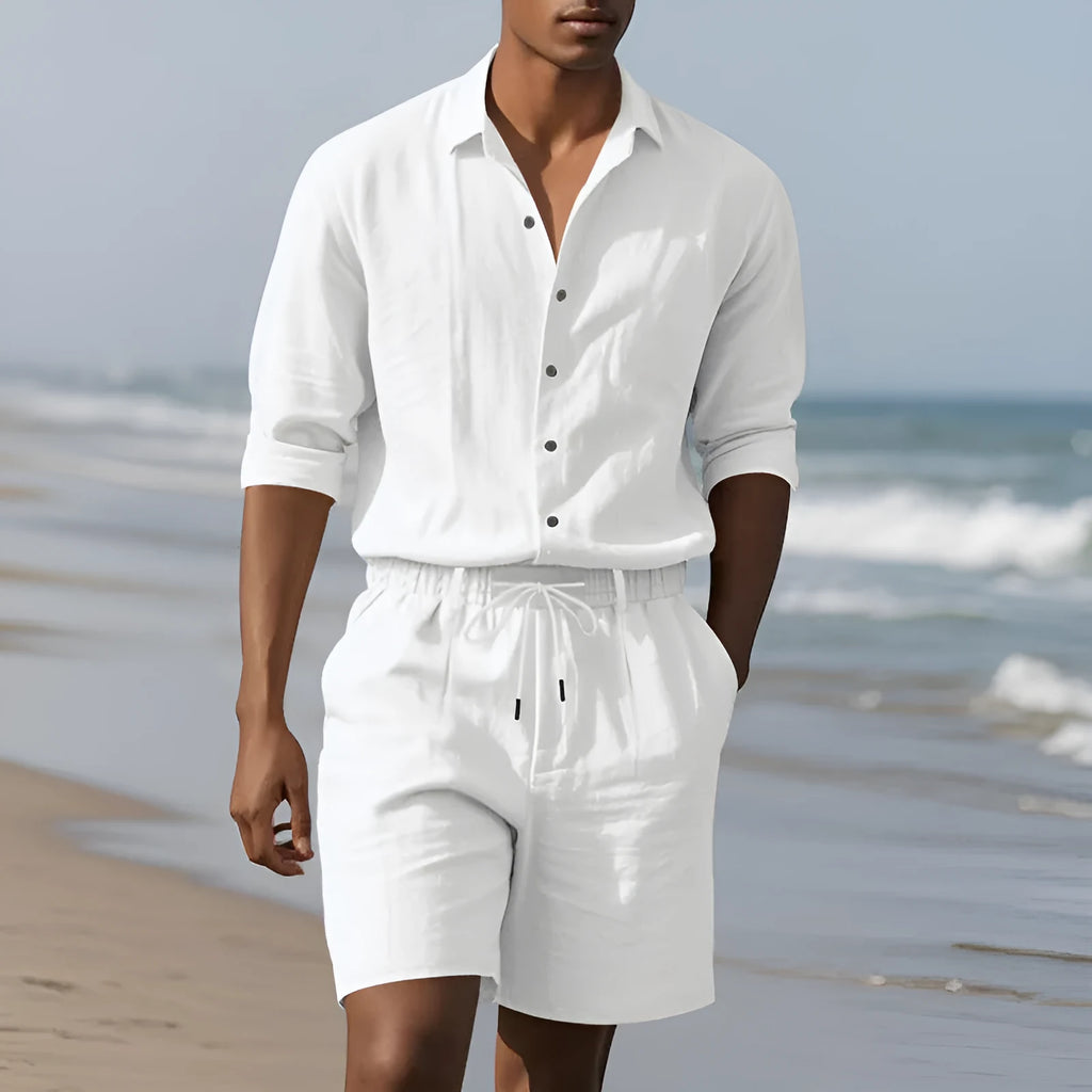 Men's linen beach suit set with long sleeve shirt and shorts in multiple colour options