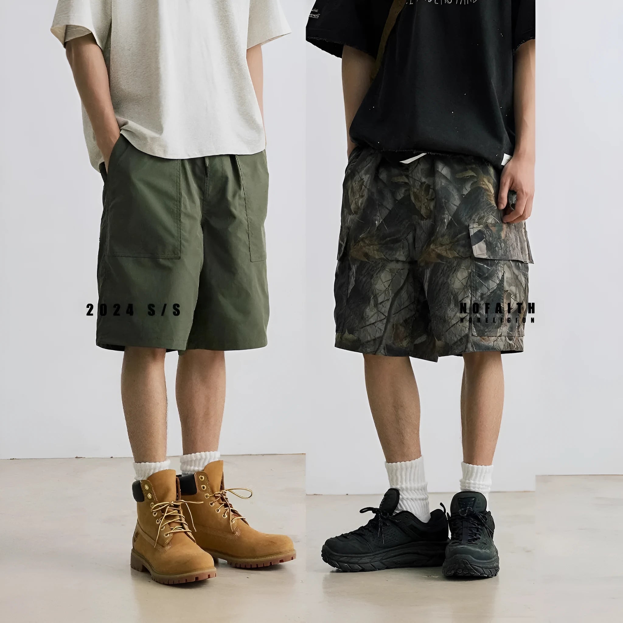 Men's loose fit denim shorts in army green with an elasticated waistband and straight leg.