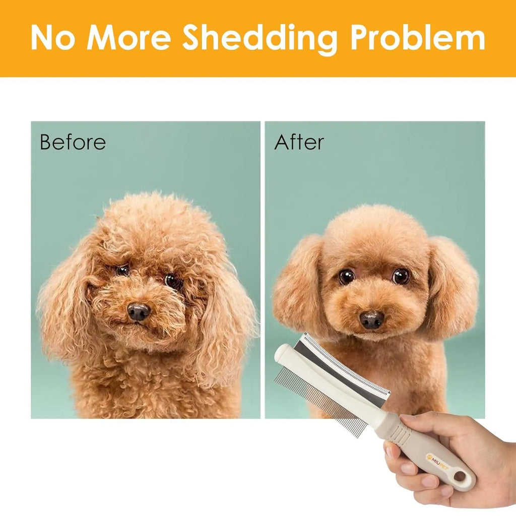 White double-sided dog and cat grooming brush with comb and deshedding head on a comfort-grip handle