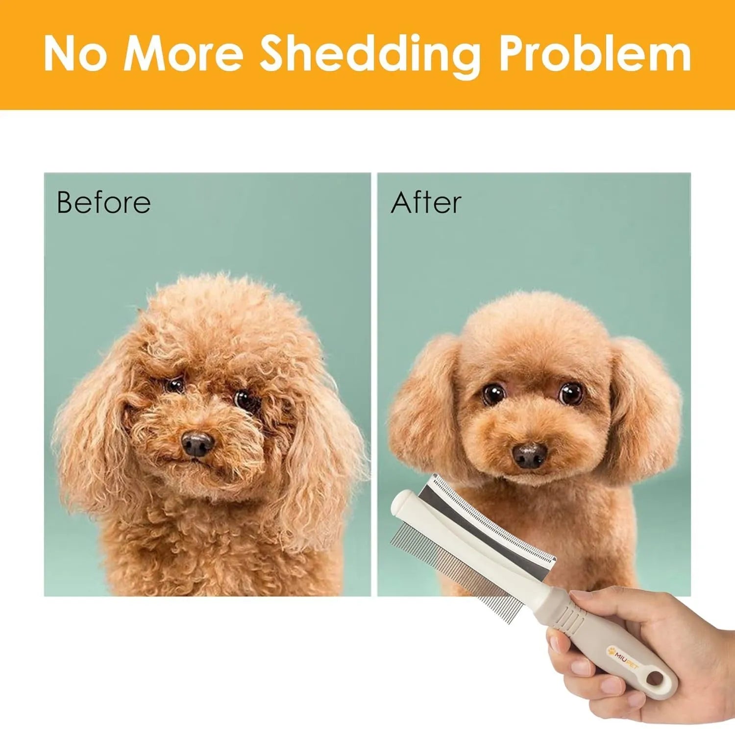 White double-sided dog and cat grooming brush with comb and deshedding head on a comfort-grip handle