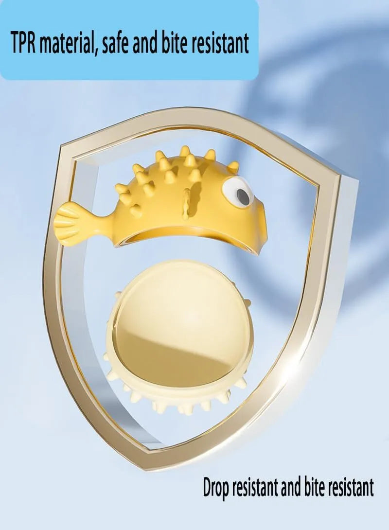 Fish-shaped interactive TPR dog toy with treat dispenser and dental-cleaning surface particles