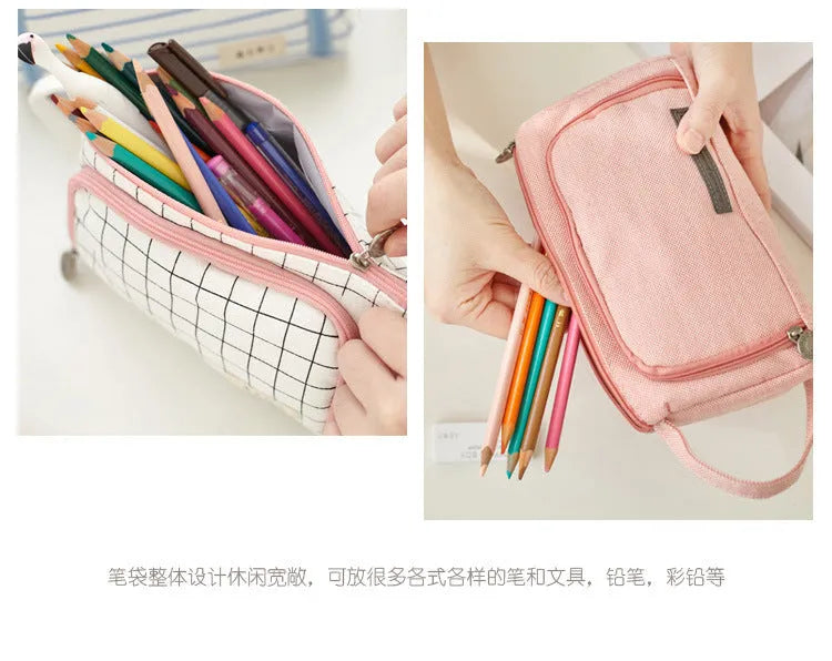 Square canvas pencil case with striped pattern, Korean style, in one of 15 colours