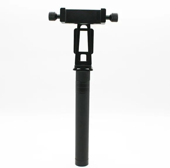 Black retractable aluminium selfie stick extended to its full 1-metre length with a universal phone mount attached.