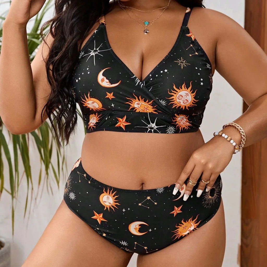 Women's split printed large size swimsuit in sleeveless briefs style, multicolour, sizes L to 4XL