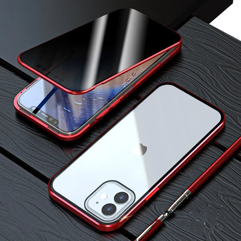 Magnetic anti-spy tempered glass case for iPhone in black, showing metal frame and privacy screen feature.