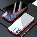Magnetic anti-spy tempered glass case for iPhone in black, showing metal frame and privacy screen feature.