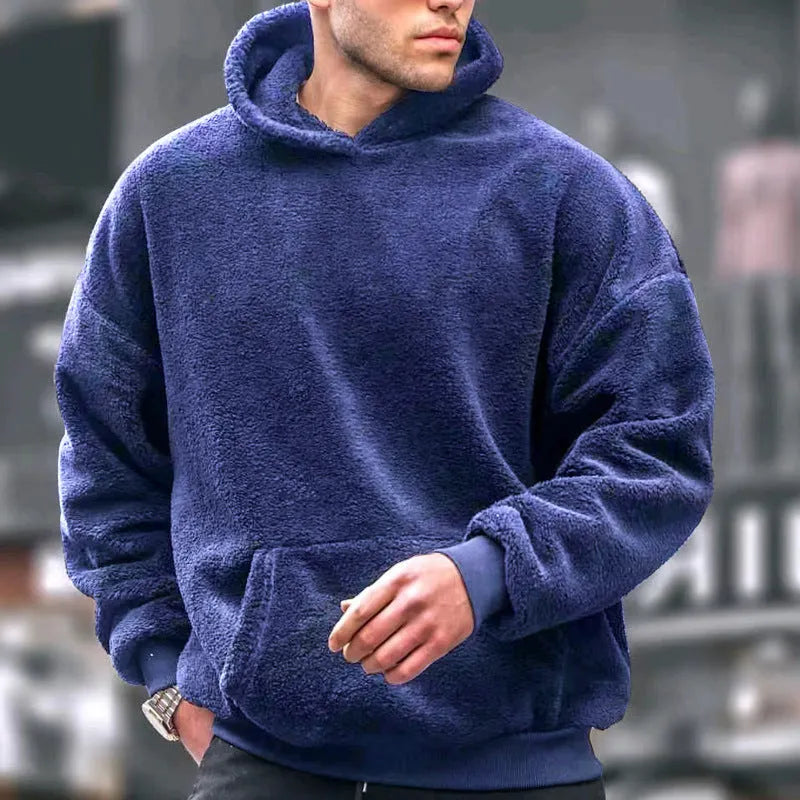 Men's lamb wool fleece-lined hooded sweater in solid colour with patch pockets, loose fit, available in white black navy blue