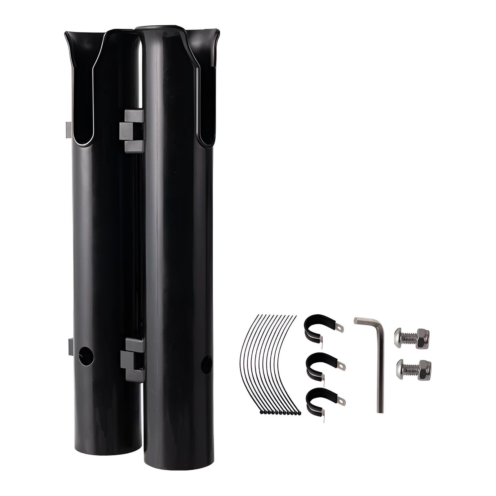 Black plastic fishing rod rack for bicycle and motorcycle mounting with clamp attachment