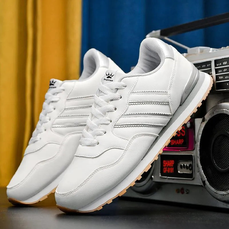 Men's black casual running shoes with white carved wing pattern on the side and a high heel.