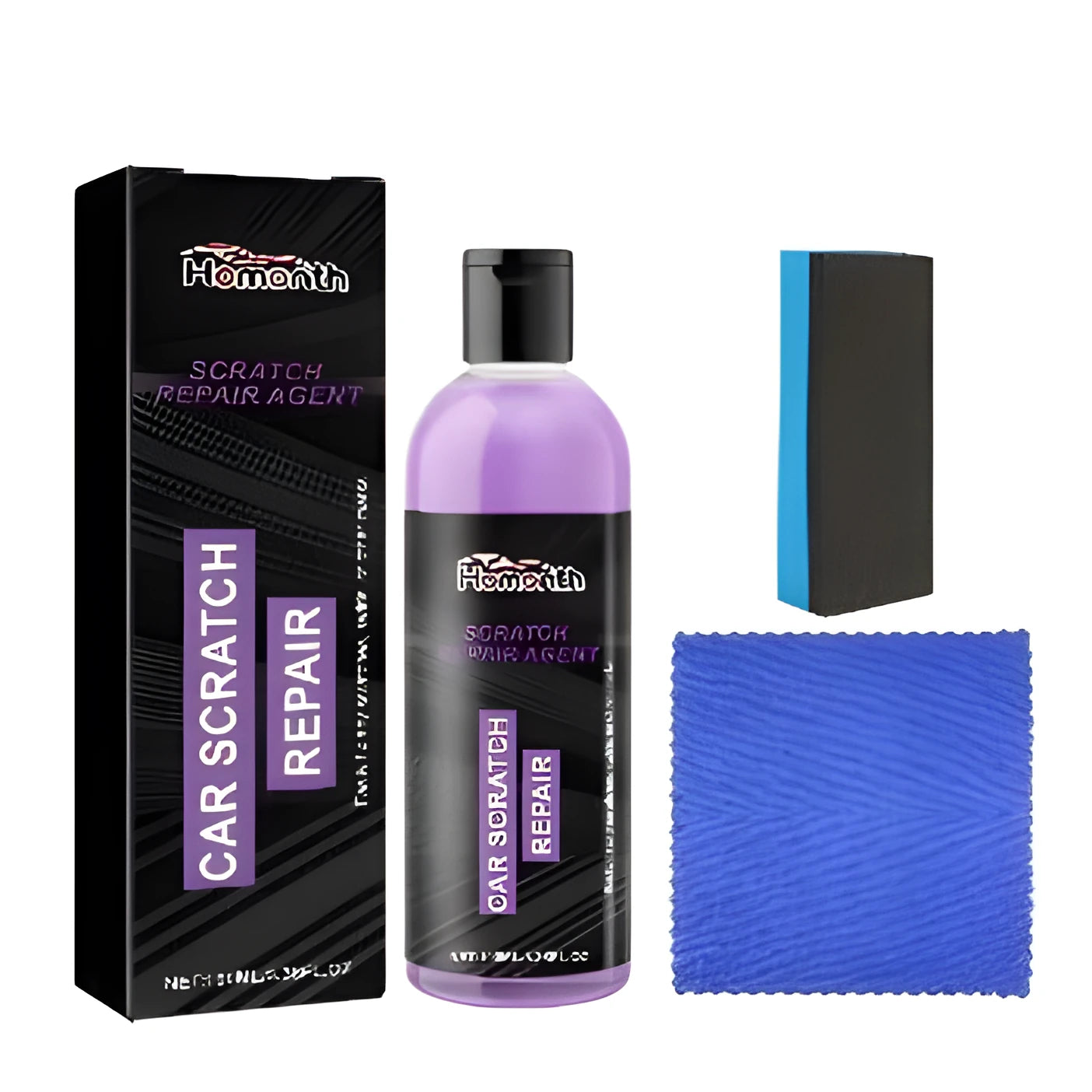Car scratch repair kit with 100ml bottle, microfibre cloth and sponge applicator