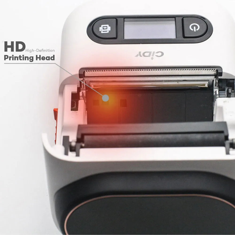 Handheld wireless Bluetooth portable thermal printer in black with Type C and Bluetooth connectivity, 57mm print width, compact size