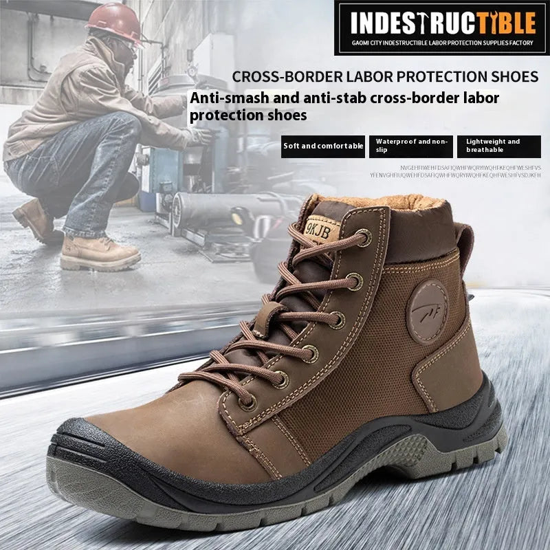 Orange and grey lightweight labour protection shoes with leather upper and rubber sole